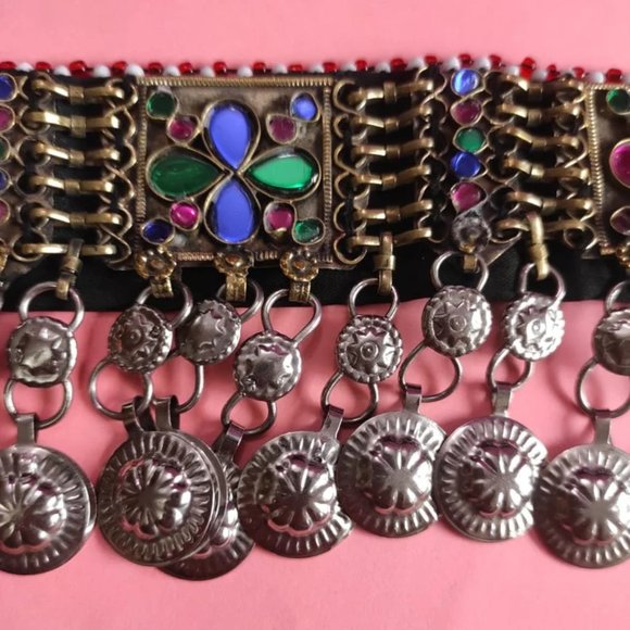 Multicolor Afghan Choker, Afghan Kuchi Glass Stones And Dangling Tassels Necklac - Picture 2 of 9